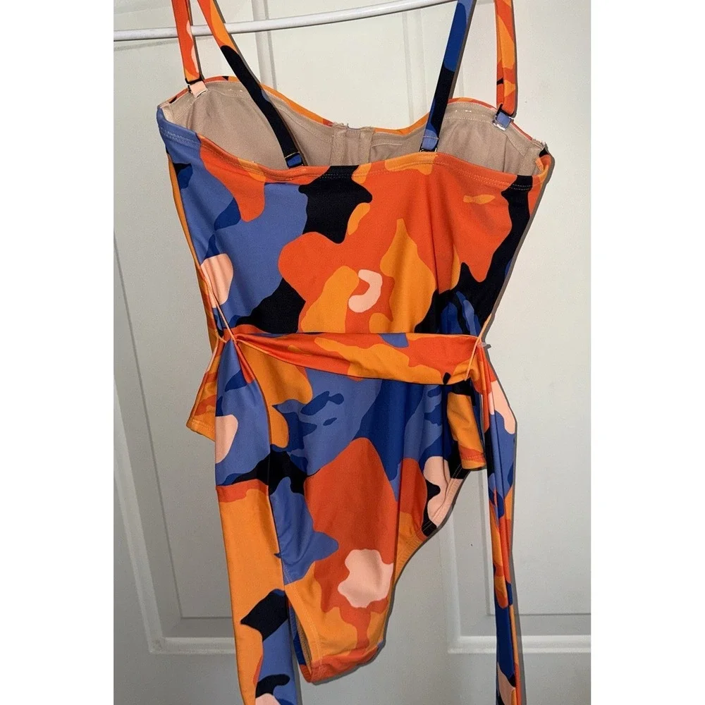 Tabitha Brown Target One Piece Swimsuit Size‎ S Orange Blue Belted Tie Print